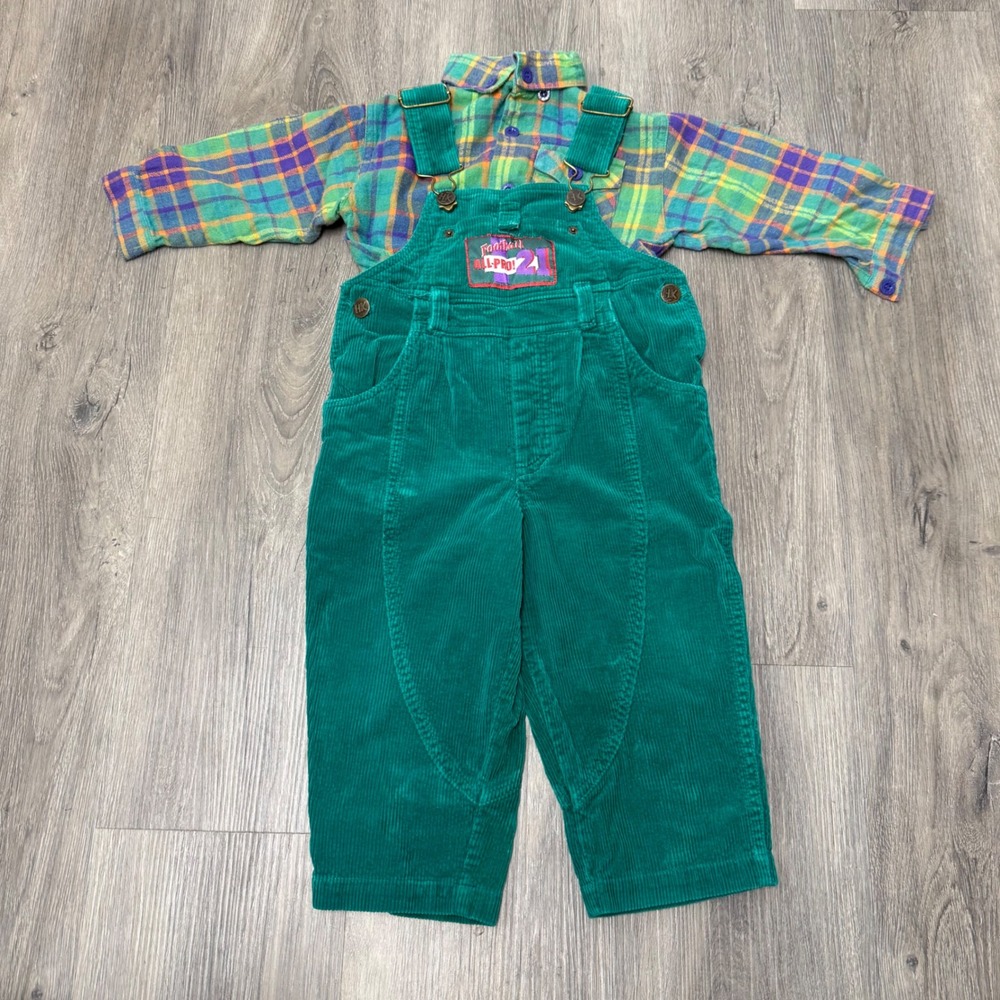 Vintage 90s Happy Kids Toddler 2T Plaid Flannel & Teal Corduroy Overalls Set
